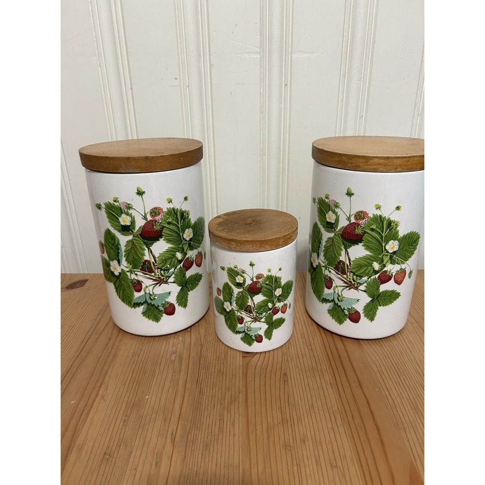 VTG Portmeirion RARE Summer Strawberries Set of 3 Ceramic Canisters 1980 England
